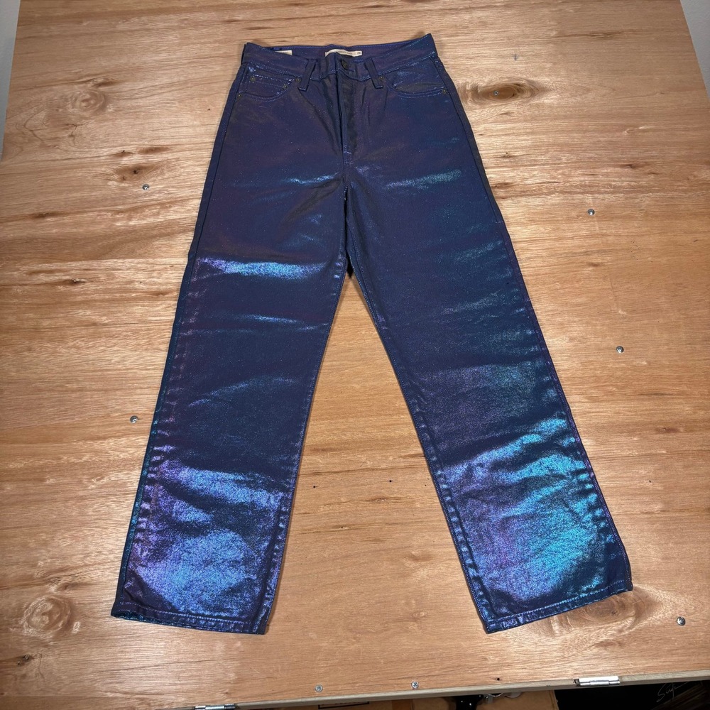 Levis Premium Ribcage Straight Ankle Jeans Iridescent Metallic Blue Purple 26